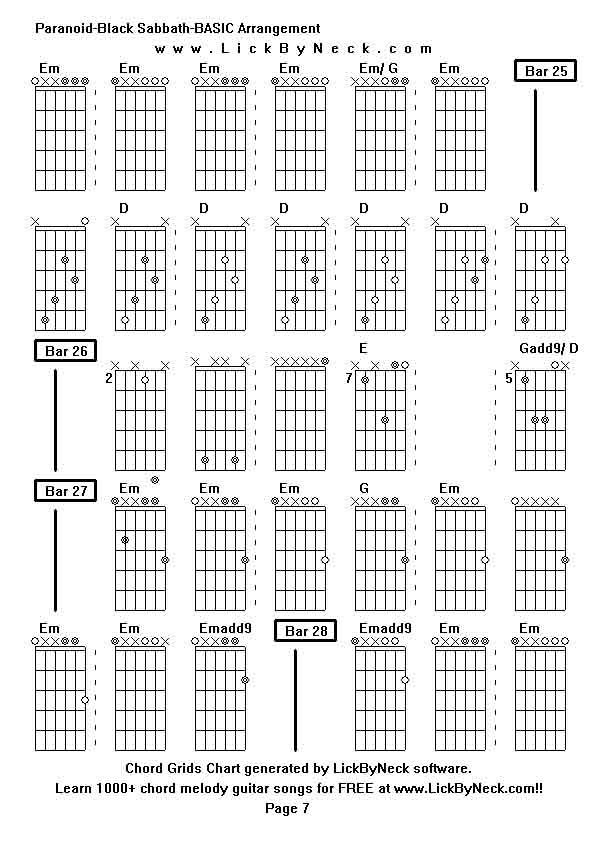 Chord Grids Chart of chord melody fingerstyle guitar song-Paranoid-Black Sabbath-BASIC Arrangement,generated by LickByNeck software.